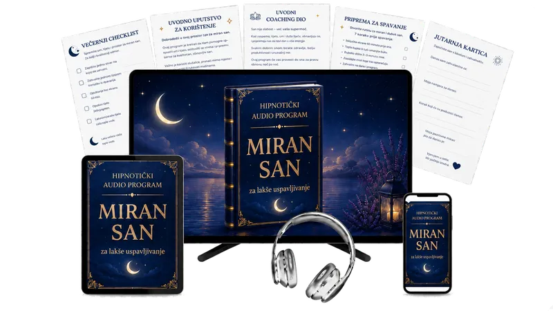 Program Miran san: naslovnica na ekranu, tabletu i mobitelu, slušalice i PDF materijali