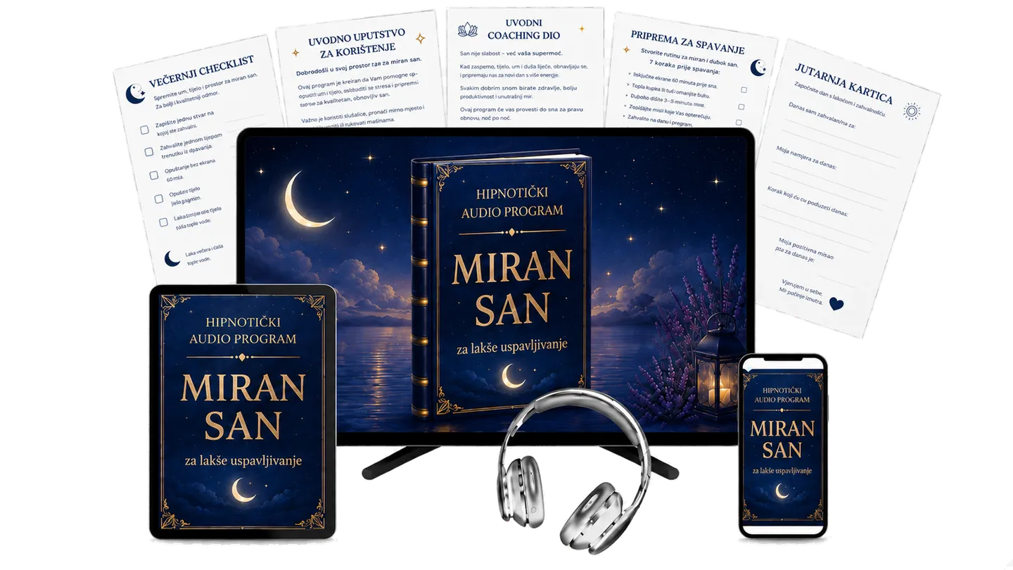 Program Miran san: naslovnica na ekranu, tabletu i mobitelu, slušalice i PDF materijali